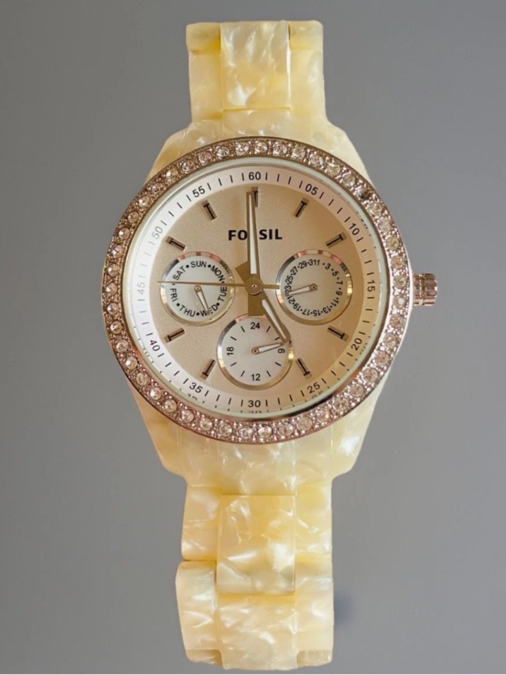 Fossil Women’s Lady’s Watch Band Small Wrist 6.25 Rhinestone Mother Of Pearl